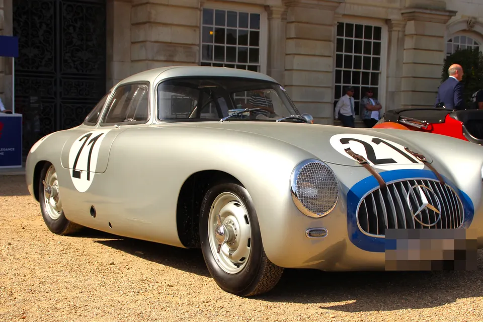 Silver 1952 Mercedes-Benz 300 SL W194 racing car, front three-quarter view