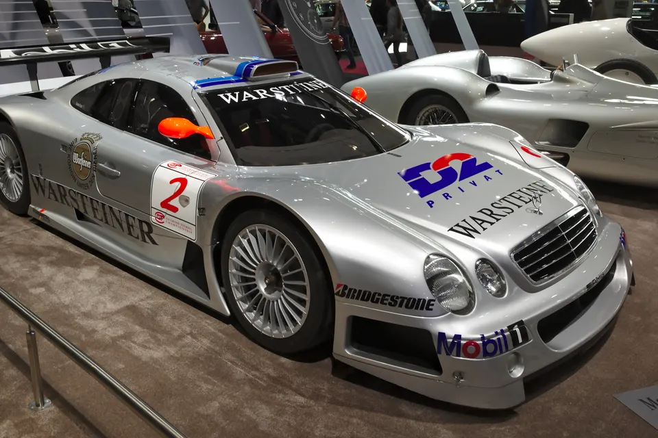1997 Mercedes-Benz CLK GTR competition car displayed indoors