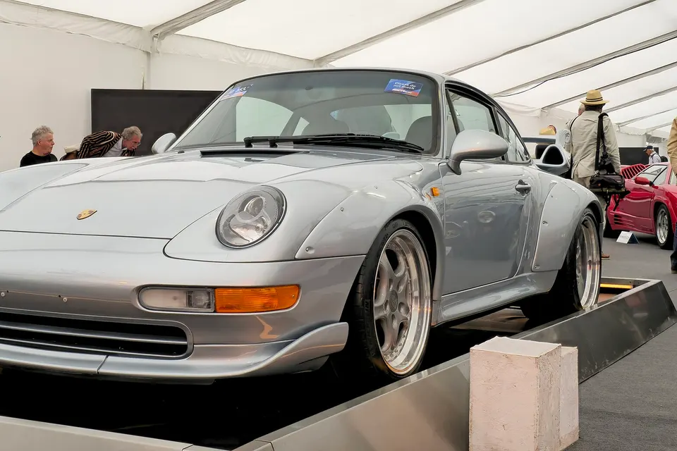 Silver Porsche 911 GT2 Type 993, front three-quarter view