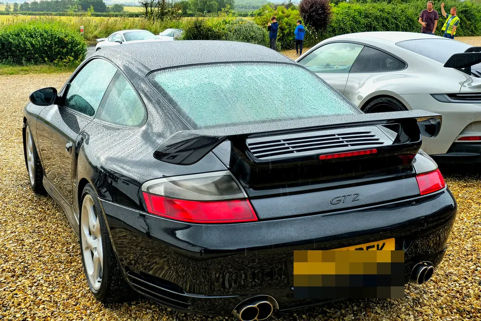 Silver Porsche 911 GT2 Type 996, front three-quarter view