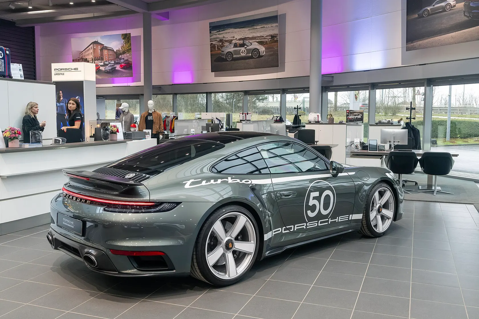 Grey Porsche 911 Turbo 50 Years Type 992.1, front three-quarter view