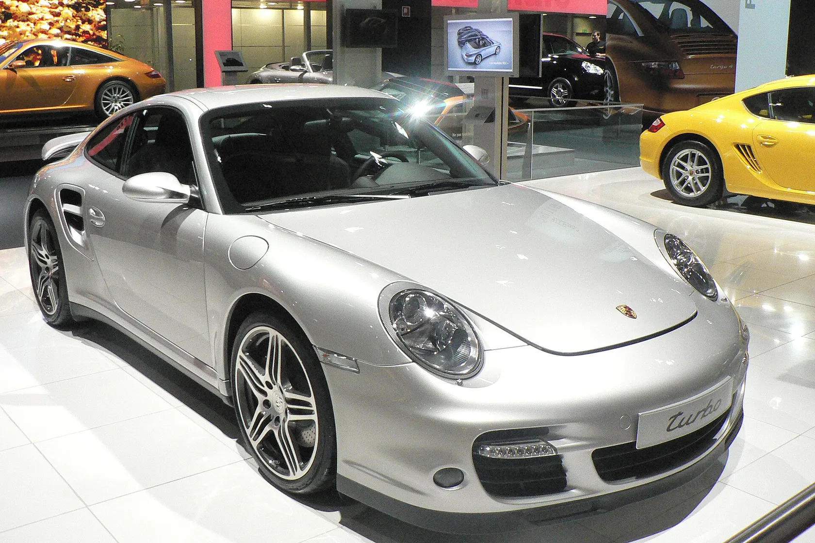 Silver Porsche 911 Turbo Type 997.1, front three-quarter view