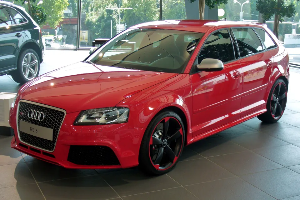 Red first-generation Audi RS 3 Sportback in front three-quarter view