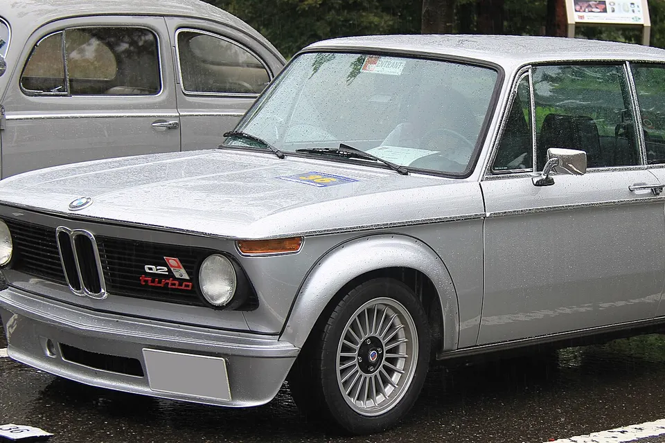 Silver 1974 BMW 2002 turbo from the front three-quarter view