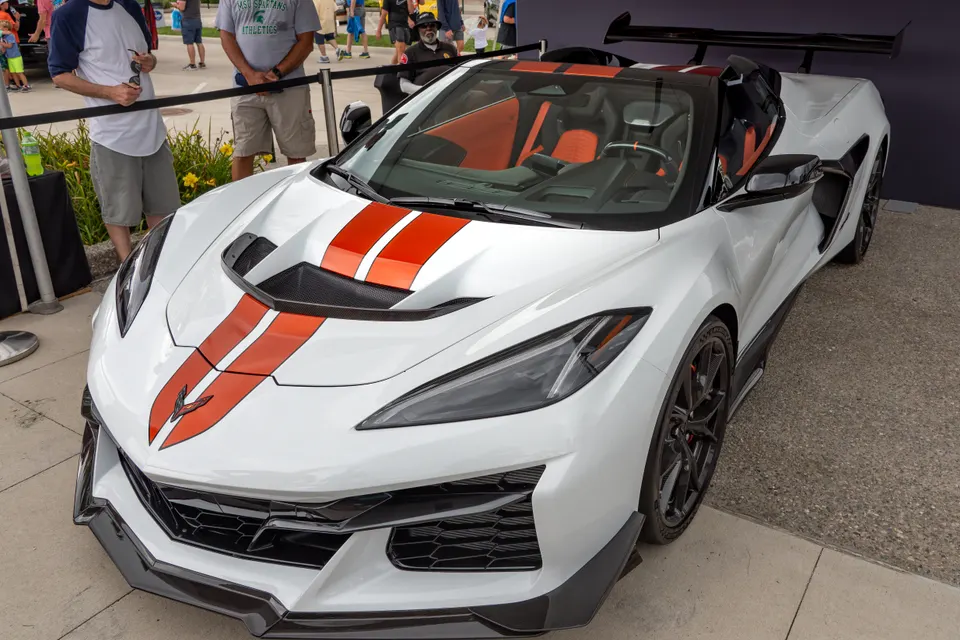 White 2025 Chevrolet Corvette C8 ZR1 convertible display car in side profile