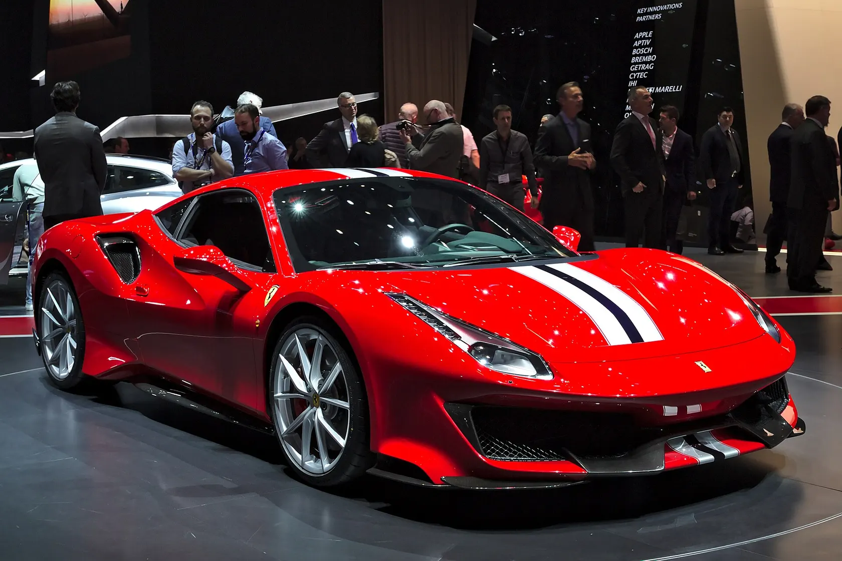 Red Ferrari 488 Pista at Geneva 2018, front three-quarter view