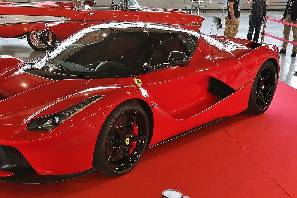 Red Ferrari LaFerrari viewed from the front three-quarter angle