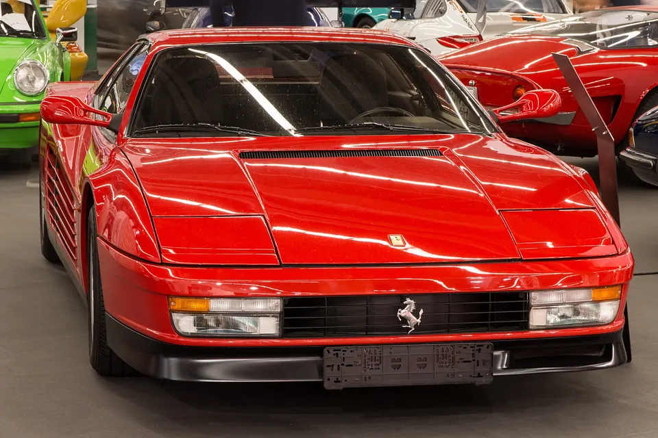 Red Ferrari Testarossa at IAA 2019, front three-quarter view