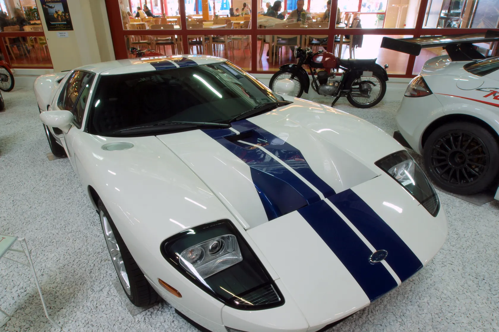 Silver 2005 Ford GT in front three-quarter view