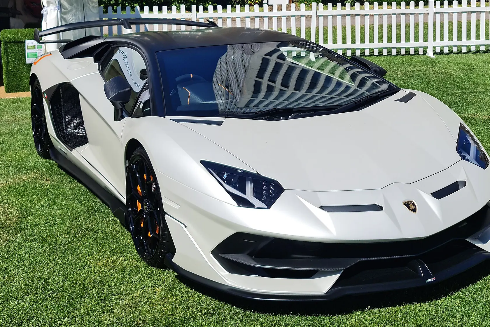 White Lamborghini Aventador SVJ, front three-quarter view
