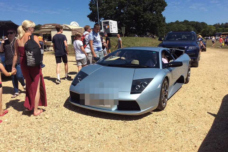 Blue 2002 Lamborghini Murciélago viewed from the front quarter