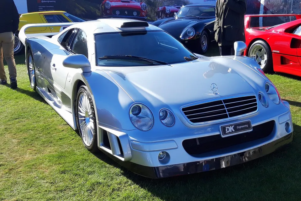 Silver Mercedes-Benz CLK GTR road car, front three-quarter view