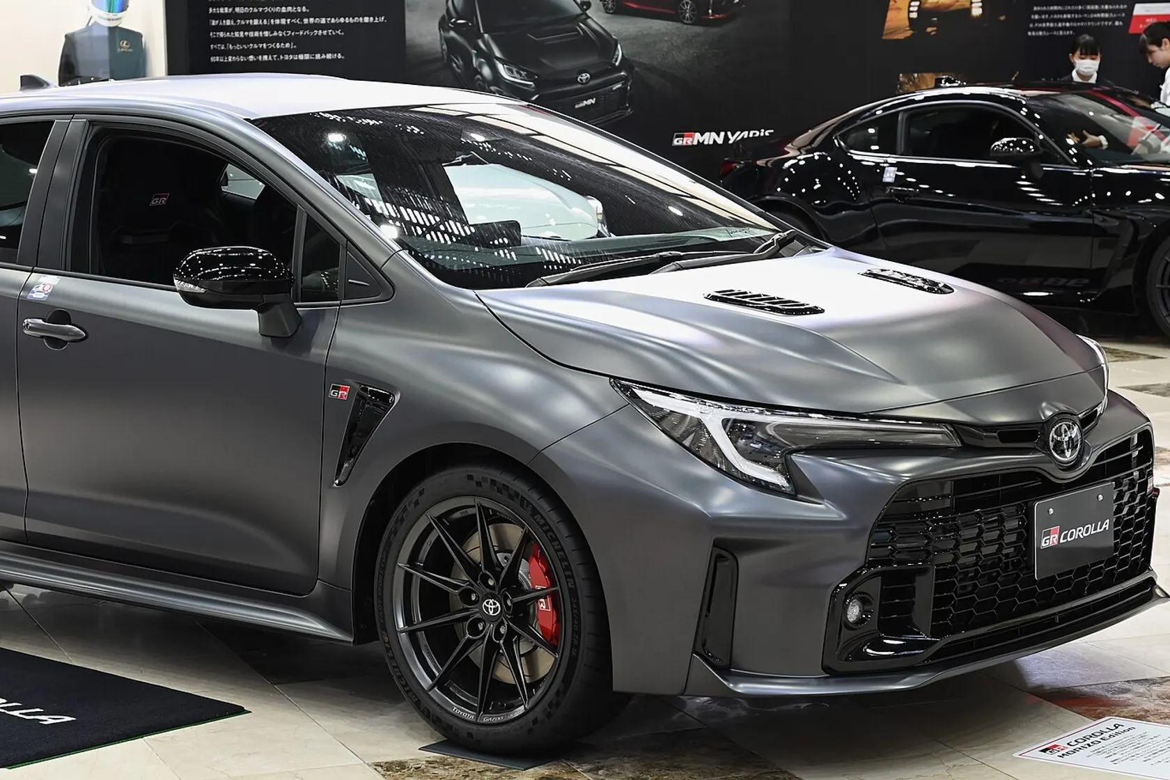Matt grey Toyota GR Corolla Morizo Edition from the front three-quarter view