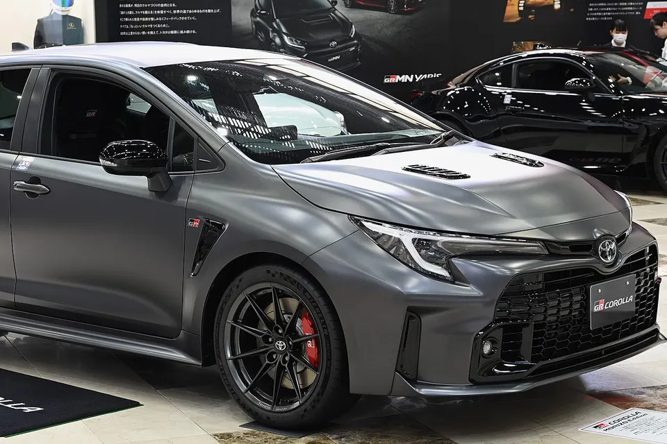 Matt grey Toyota GR Corolla Morizo Edition from the front three-quarter view